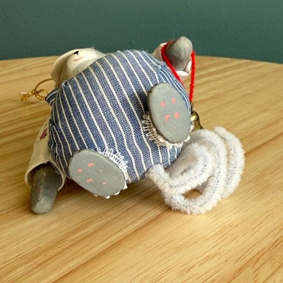 1983 Kurt Adler Christmas Ornament Porcelain Boy Mouse in Overalls Cap Bell - Picture 8 of 10